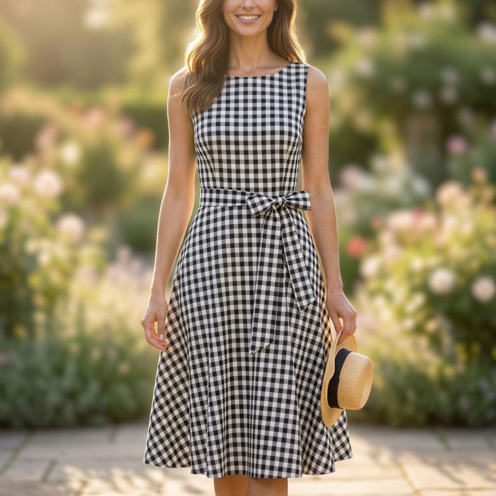 Hanpceirs Gingham Swing Dress Women 3XL Stretch Rockabilly Pinup Retro Cottage